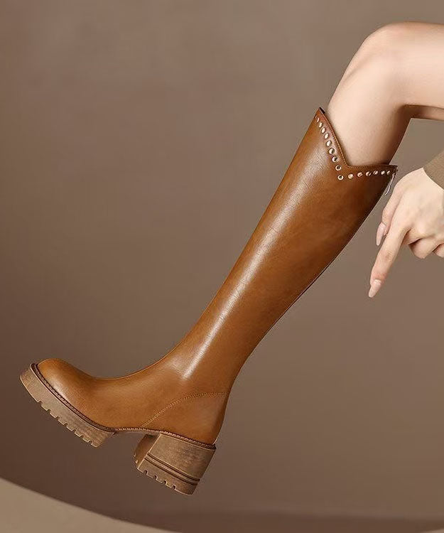 2026 Brown Knee Boots Faux Leather Rivet Combat