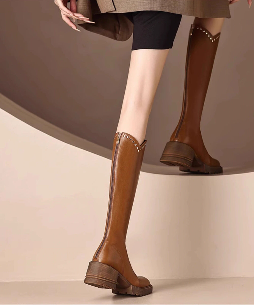 2026 Brown Knee Boots Faux Leather Rivet Combat