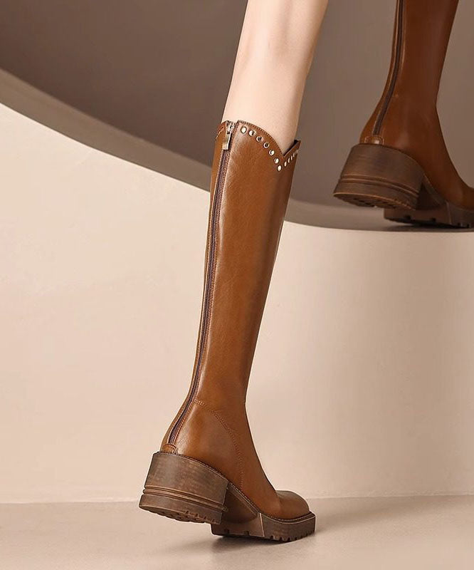 2026 Brown Knee Boots Faux Leather Rivet Combat