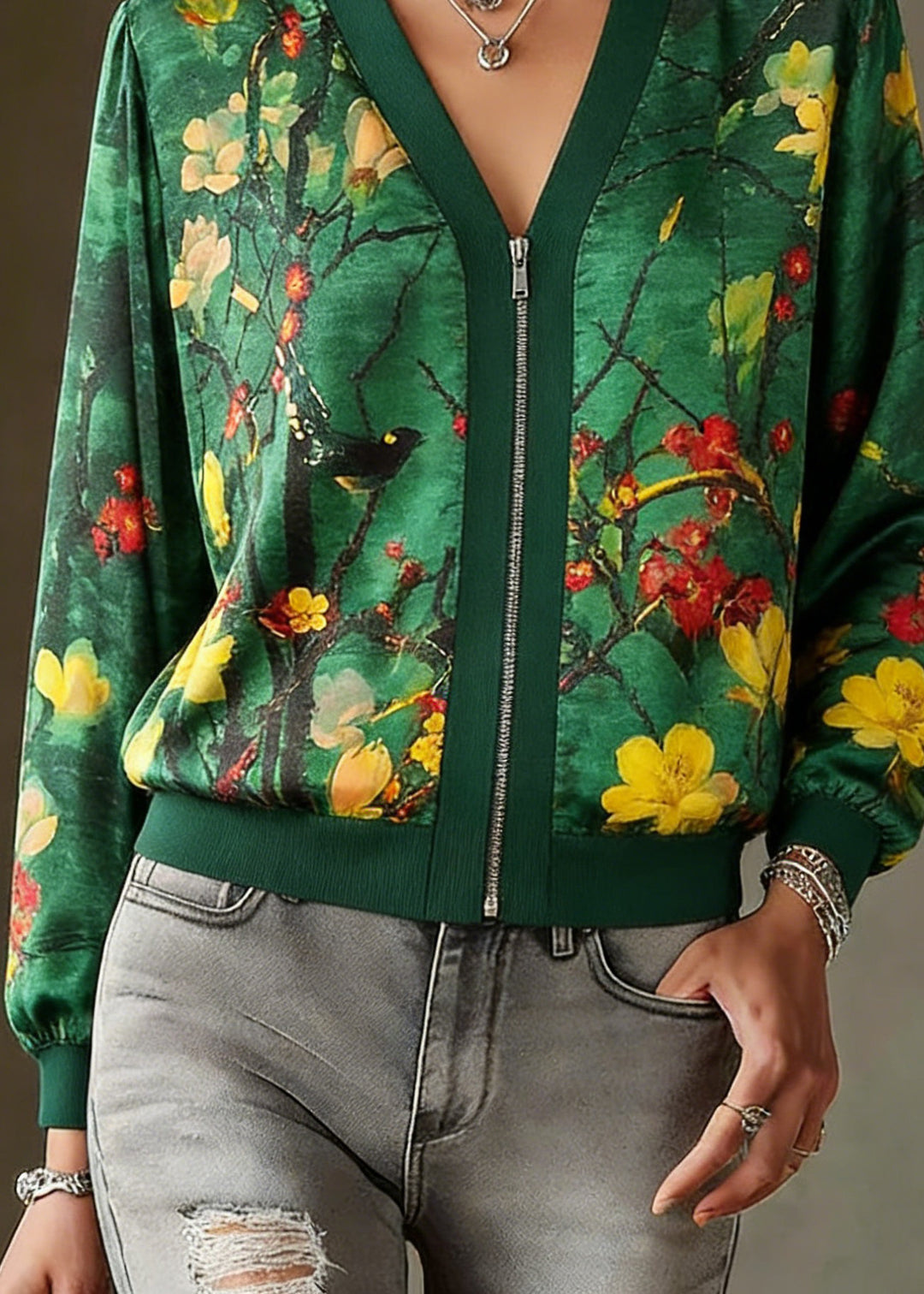 2026 Green O-Neck Print Zip Up Silk Coats Long Sleeve