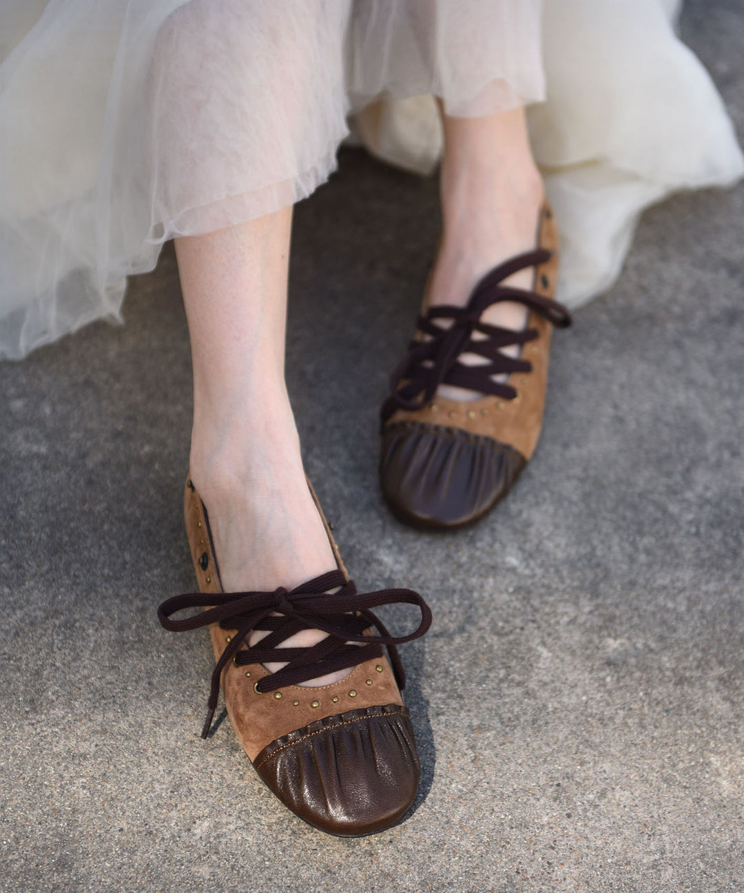 2026 Lace Up Splicing Flat Shoes For Women Coffee Suede