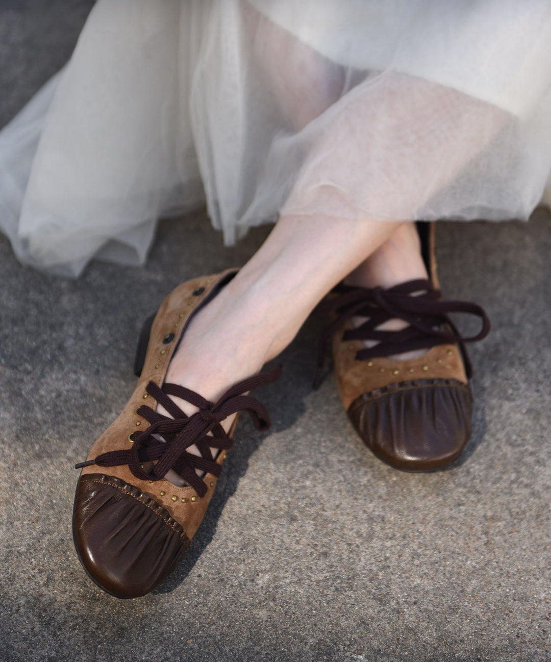 2026 Lace Up Splicing Flat Shoes For Women Coffee Suede