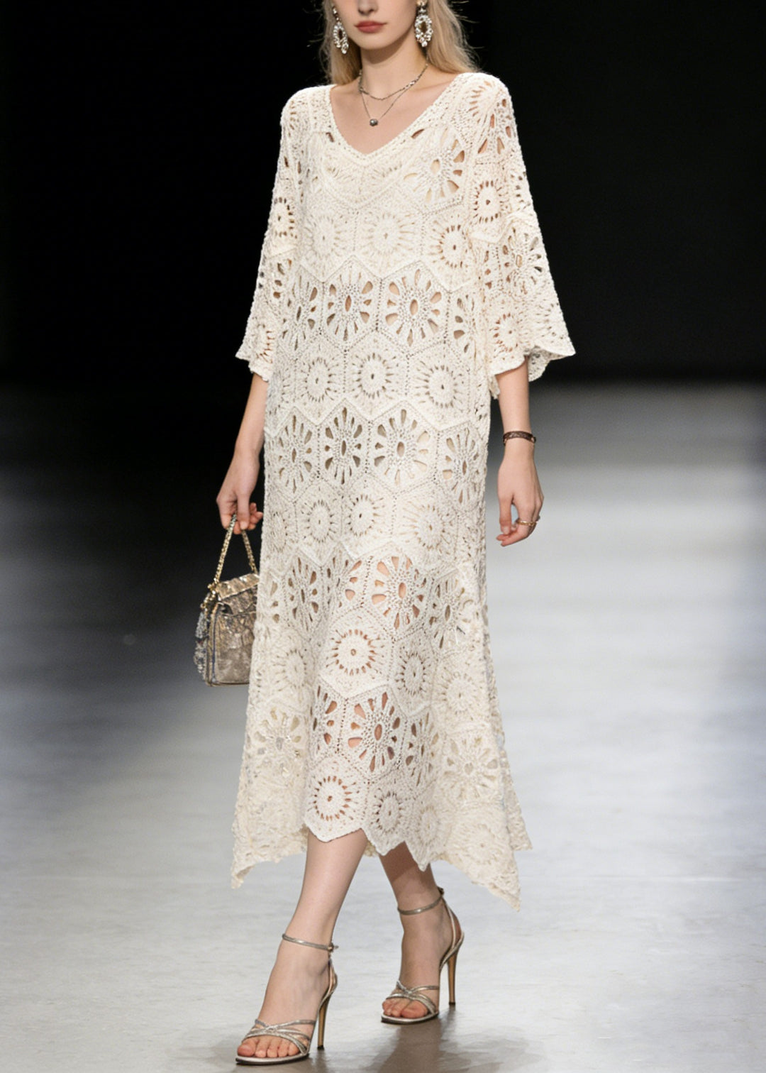 2026 New Apricot V Neck Hollow Out Knit Long Dress Summer