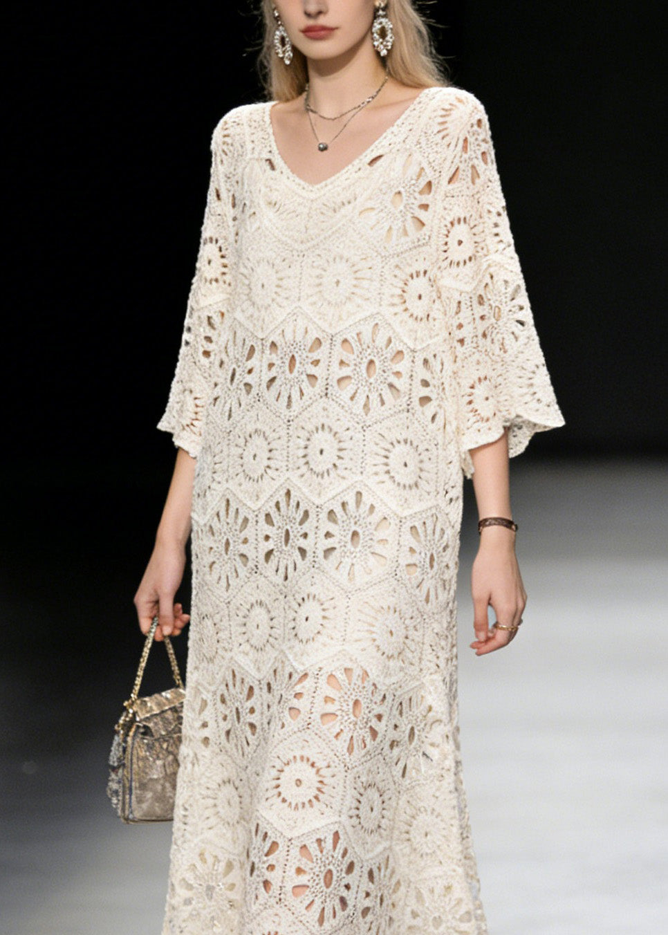 2026 New Apricot V Neck Hollow Out Knit Long Dress Summer