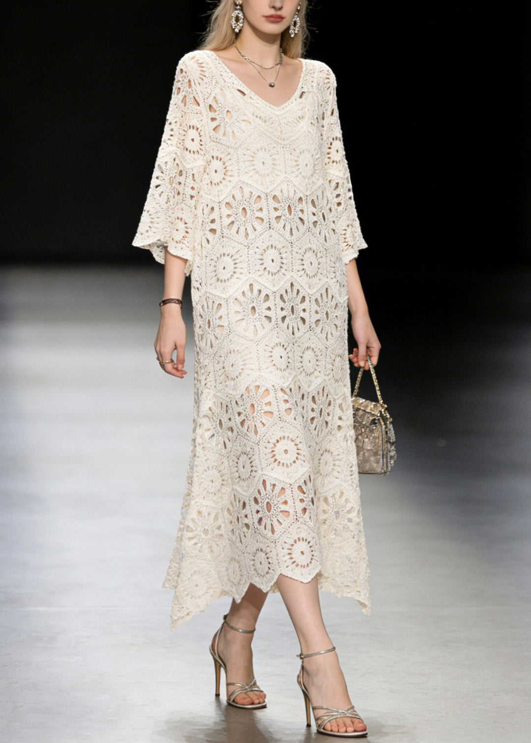 2026 New Apricot V Neck Hollow Out Knit Long Dress Summer