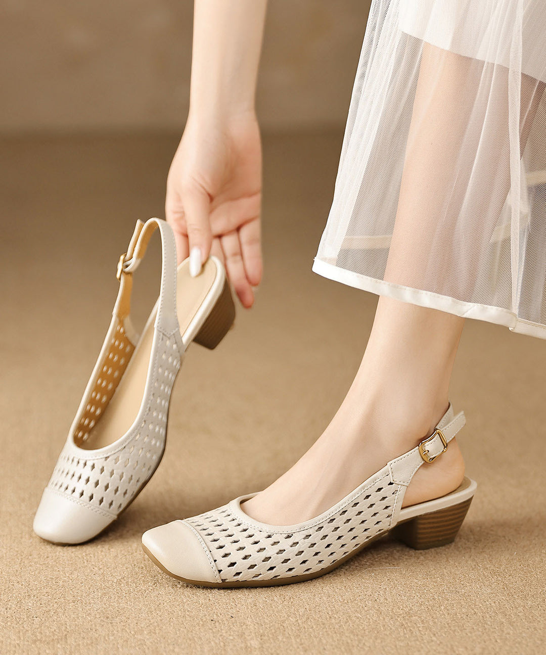 2026 New Beige Hollow Out Splicing Chunky Sandals