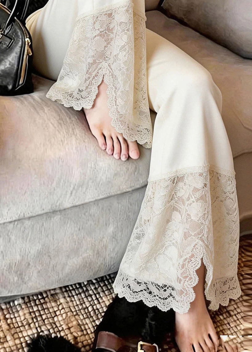 2026 New Beige Lace Patchwork Side Open Straight Pants Summer