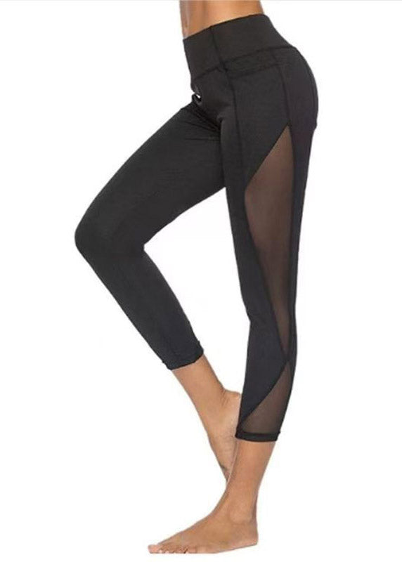 2026 New Black High Waist Mesh Panel Leggings Patchwork Capri