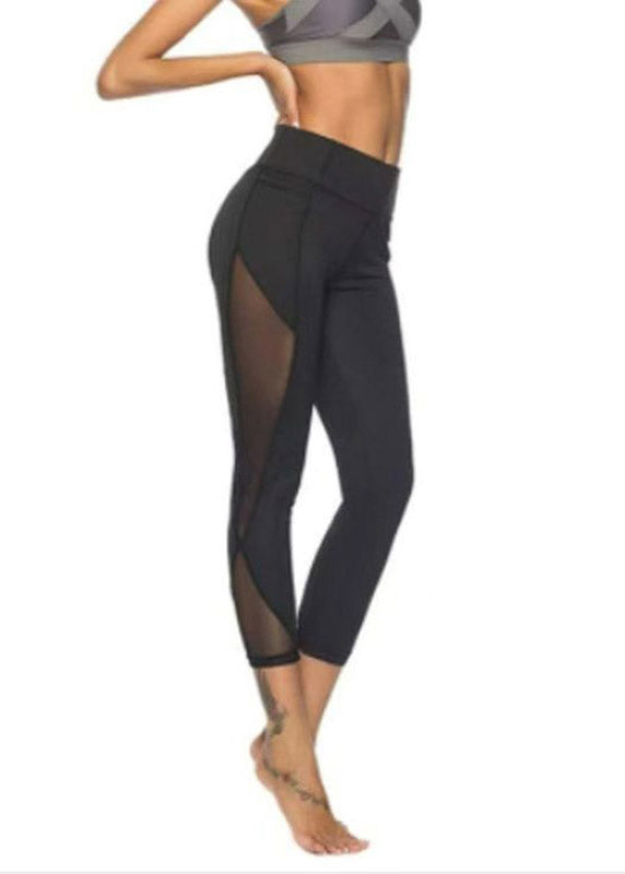 2026 New Black High Waist Mesh Panel Leggings Patchwork Capri