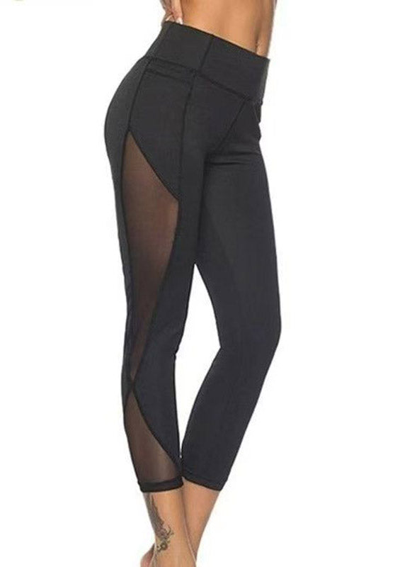 2026 New Black High Waist Mesh Panel Leggings Patchwork Capri