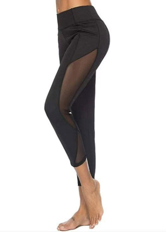 2026 New Black High Waist Mesh Panel Leggings Patchwork Capri