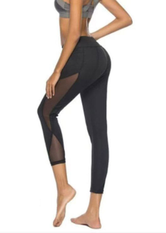 2026 New Black High Waist Mesh Panel Leggings Patchwork Capri