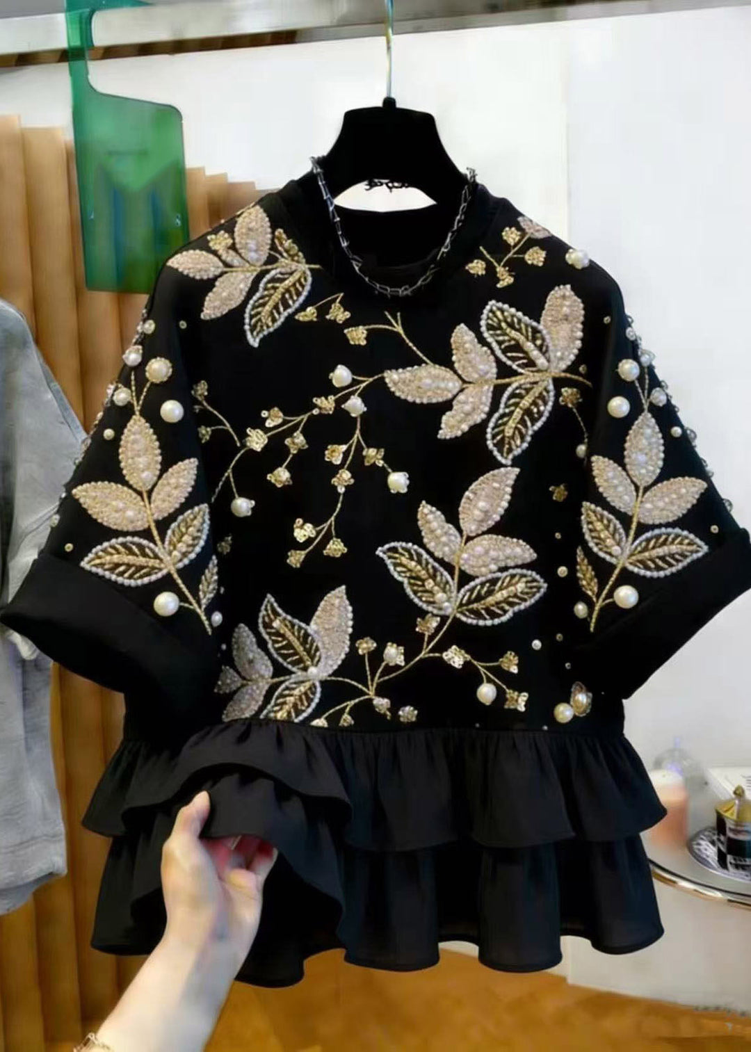 2026 New Black Nail Bead Patchwork T Shirt Short Sleeve