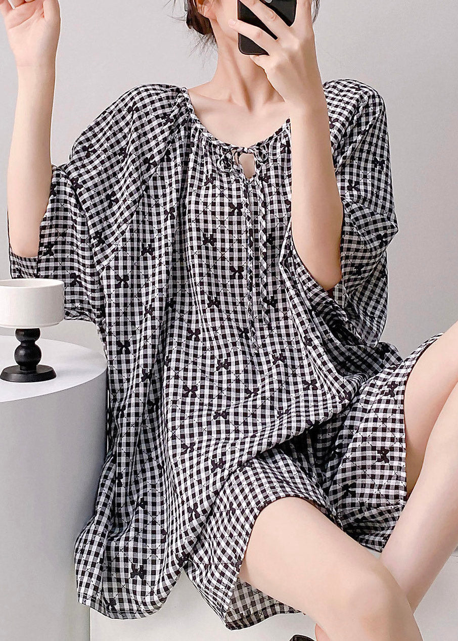 2026 New Black Plaid O-Neck Top And Shorts Lingerie Sets Short Sleeve
