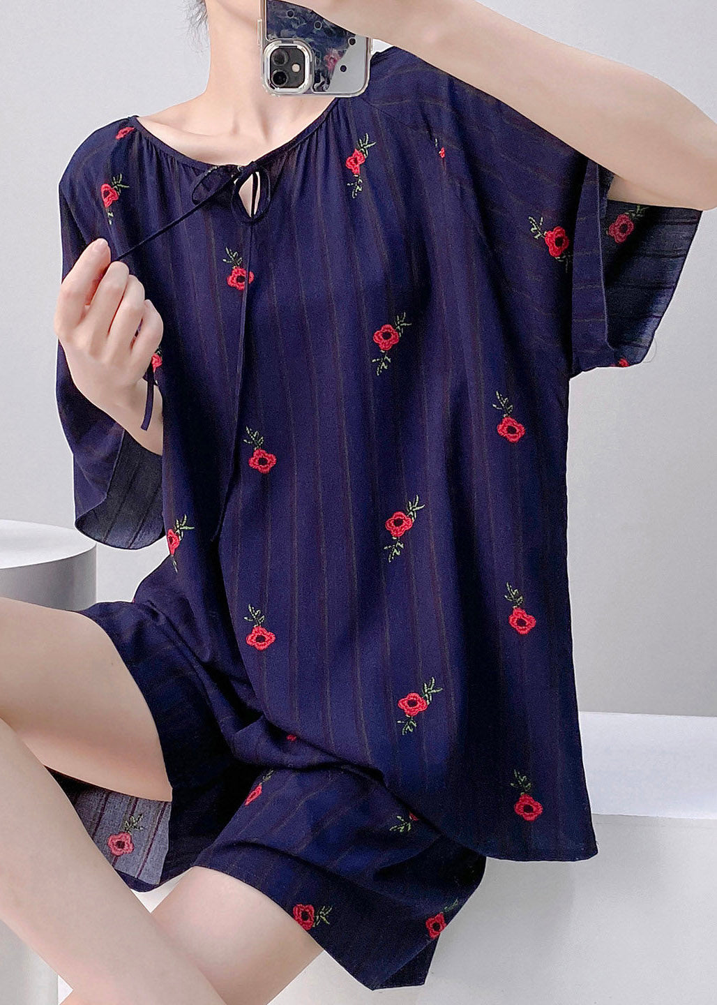 2026 New Black Plaid O-Neck Top And Shorts Lingerie Sets Short Sleeve