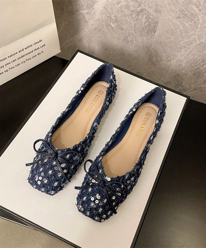 2026 New Black Sequins Bow Soft Sole Square Toe Flat Shoes