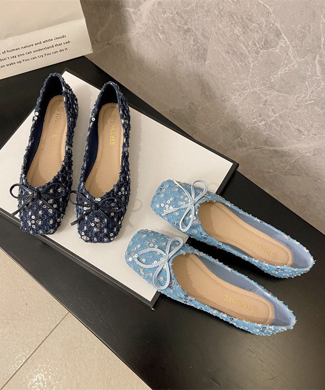 2026 New Black Sequins Bow Soft Sole Square Toe Flat Shoes