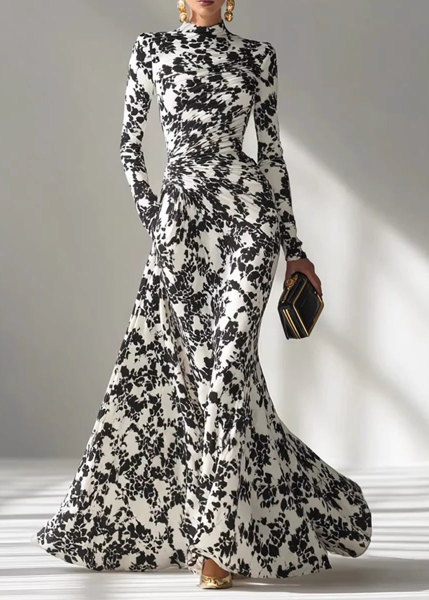 2026 New Black White Print Wrinkled Chiffon Robe Dresses Fall