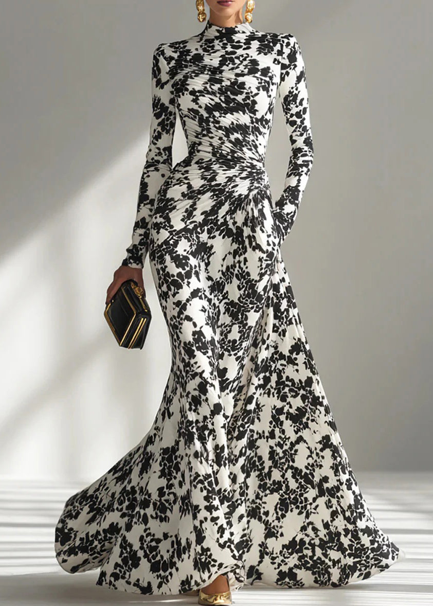 2026 New Black White Print Wrinkled Chiffon Robe Dresses Fall