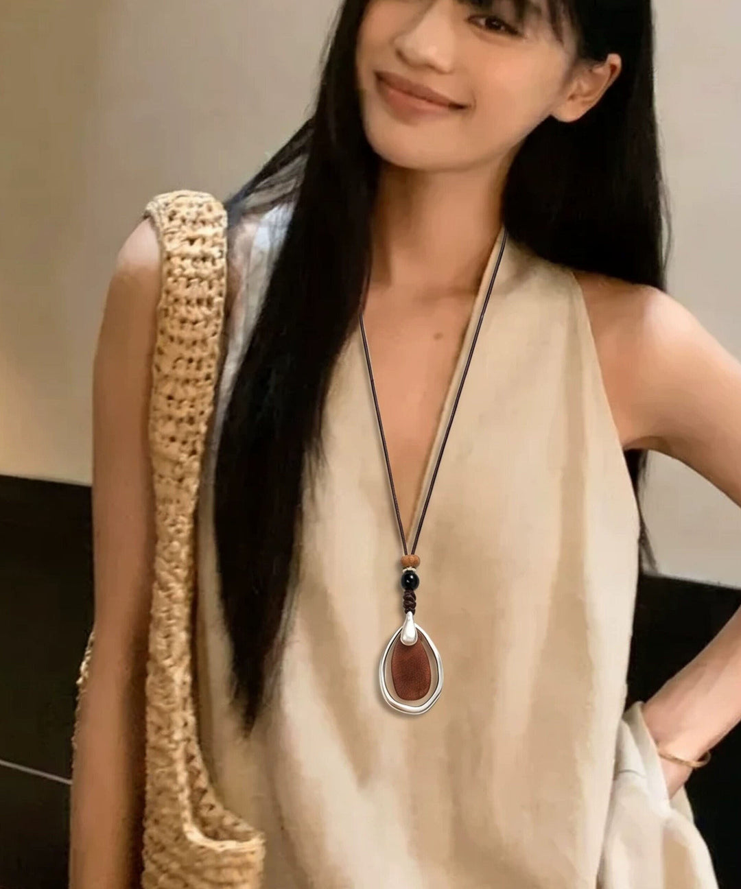 2026 New Black Wooden Copper Overgild Sweater Pendant Necklace