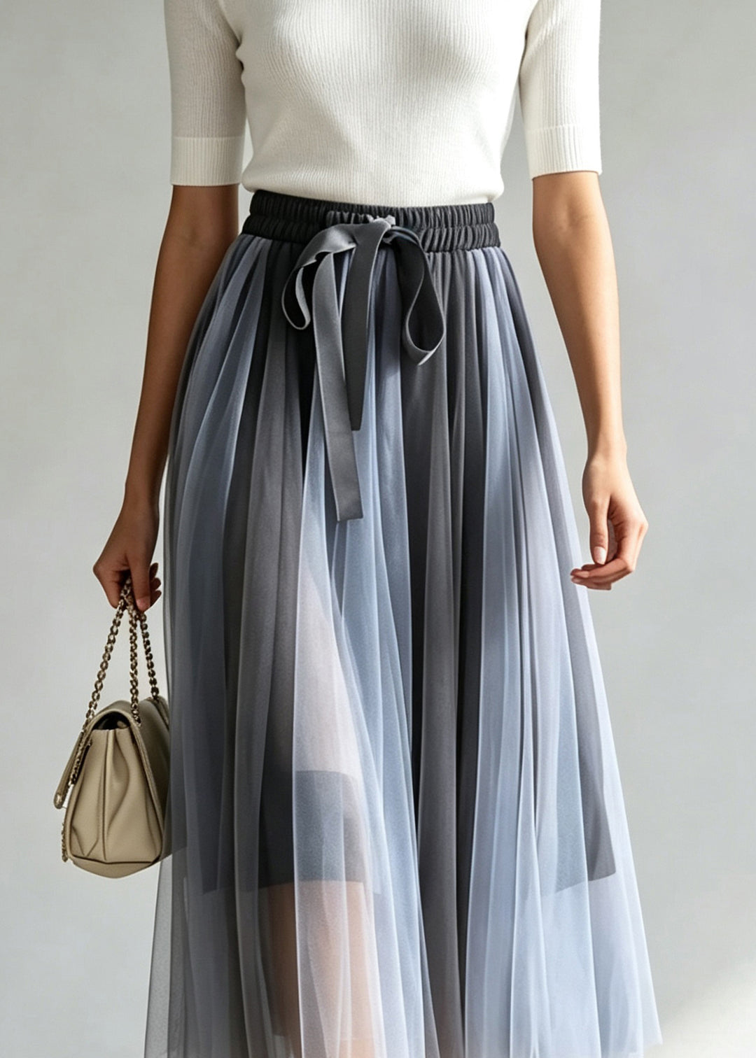 2026 New Blue Elastic Waist Patchwork Tulle Skirt Fall