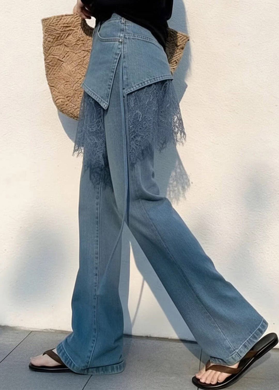 2026 New Blue High Waist Lace Patchwork Straight Jeans Summer