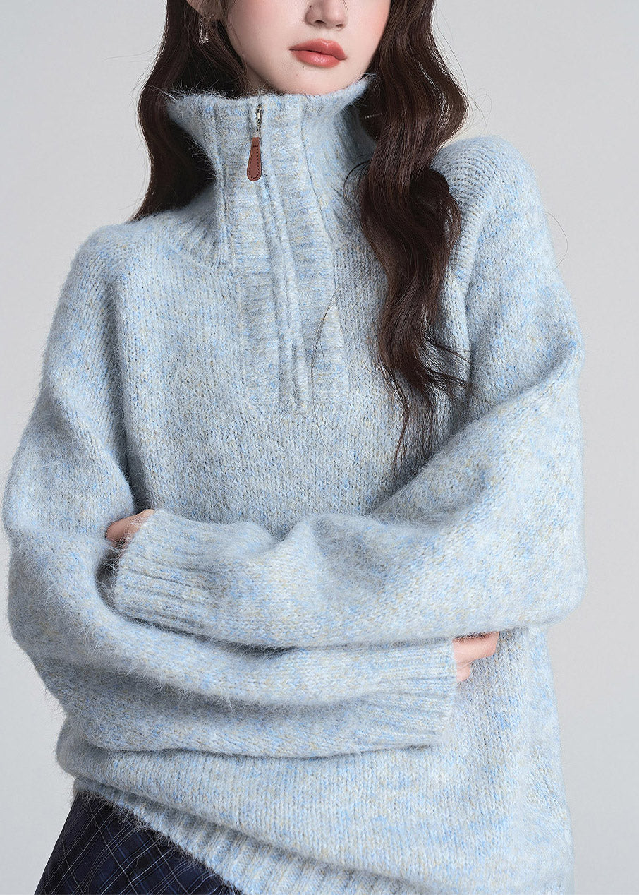 2026 New Blue Stand Collar Zippered Patchwork Cotton Knit Sweater Fall