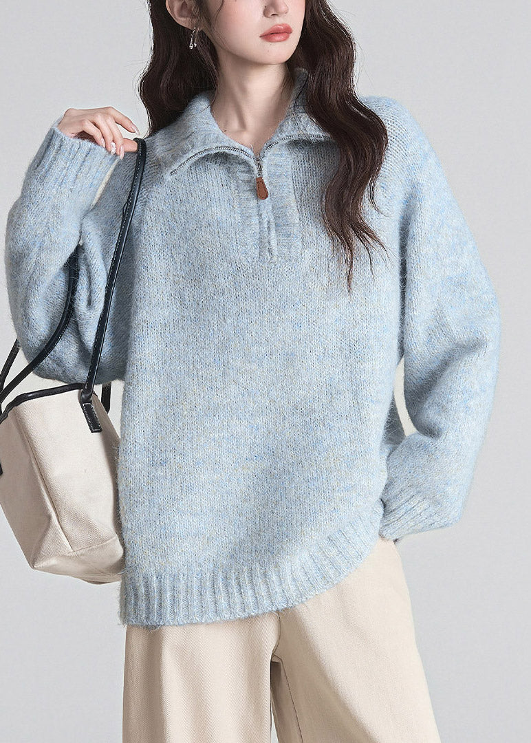 2026 New Blue Stand Collar Zippered Patchwork Cotton Knit Sweater Fall