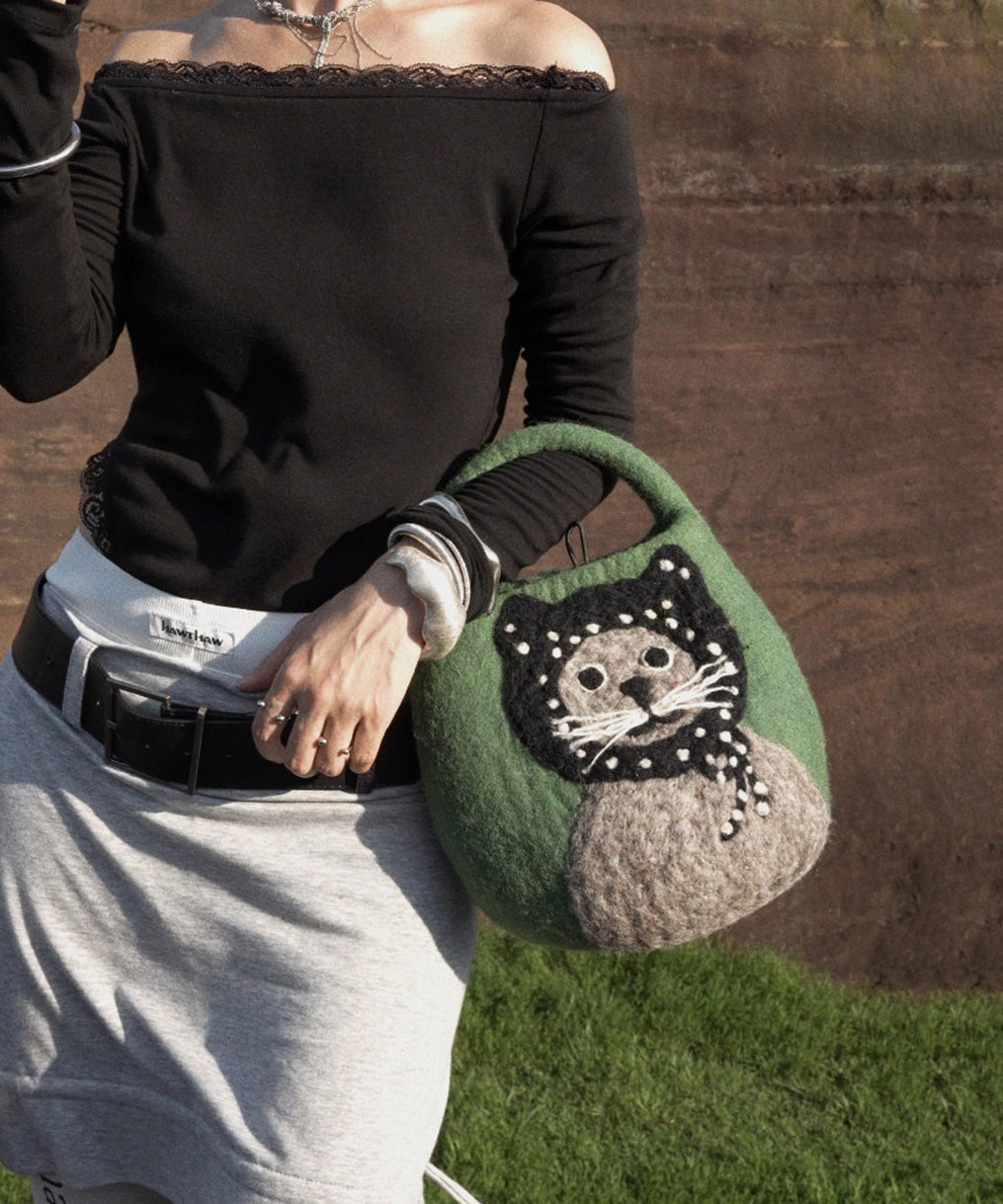 2026 New Green Cartoon Cat Cute Felt Tote Bag