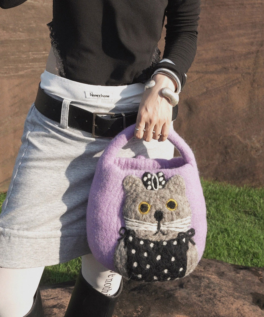 2026 New Green Cartoon Cat Cute Felt Tote Bag