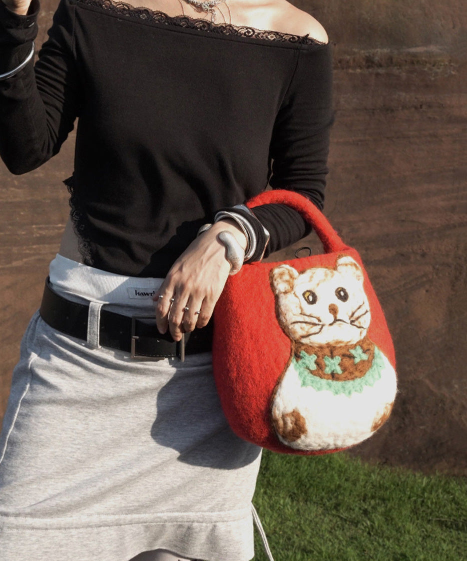 2026 New Green Cartoon Cat Cute Felt Tote Bag