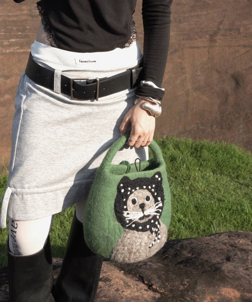 2026 New Green Cartoon Cat Cute Felt Tote Bag