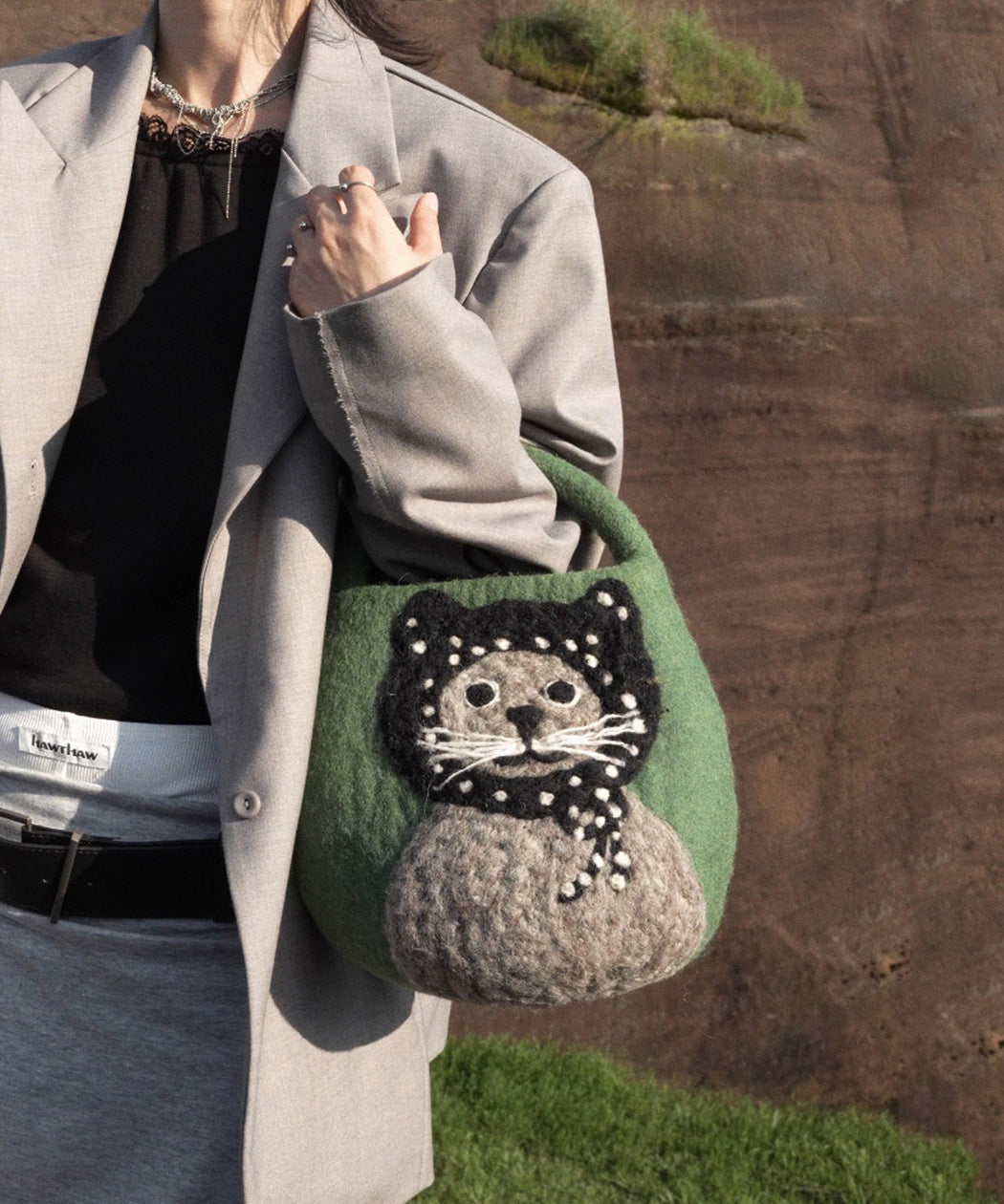 2026 New Green Cartoon Cat Cute Felt Tote Bag