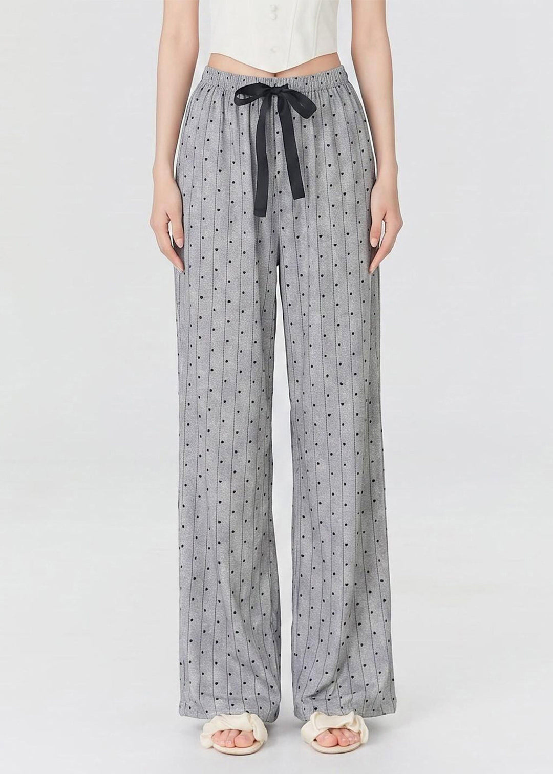 2026 New Grey Dot Elastic Waist Bow Straight Pants