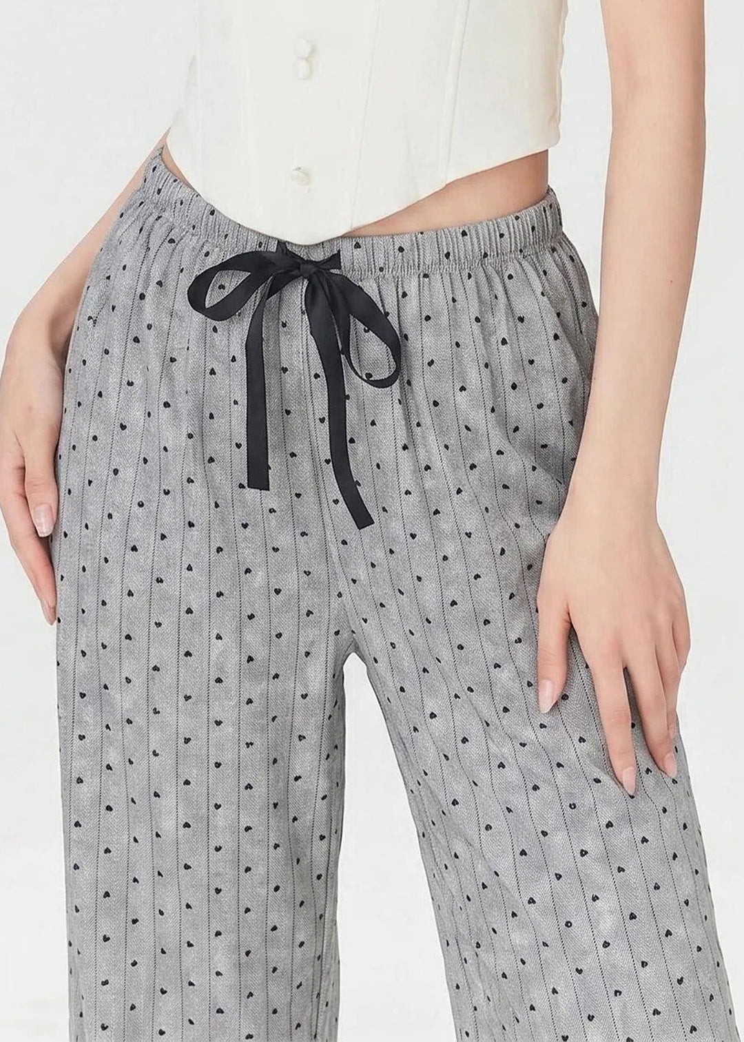 2026 New Grey Dot Elastic Waist Bow Straight Pants