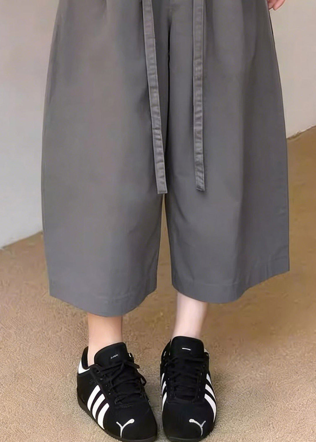 2026 New Grey Pockets Patchwork Sashes Crop Pants