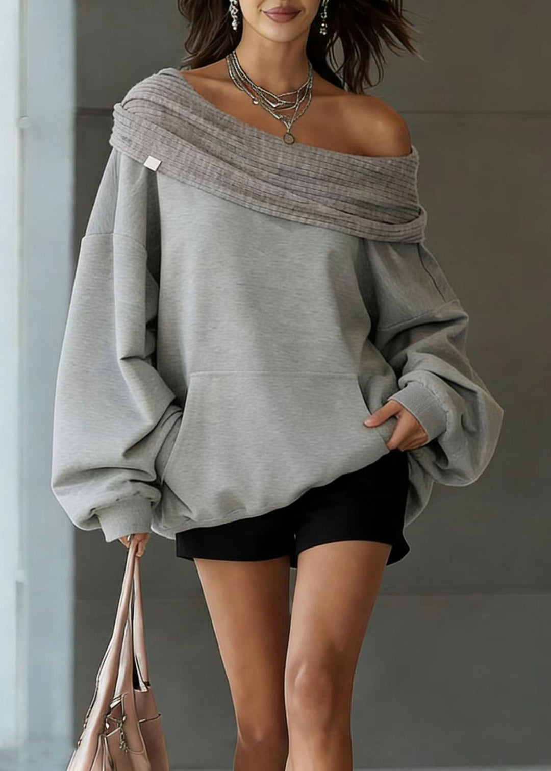 2026 New Grey Slash Neck Hooded Pullover Streetwear Spring
