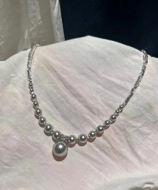 2026 New Grey Sterling Silver Zircon Pearl Beading Pendant Necklace
