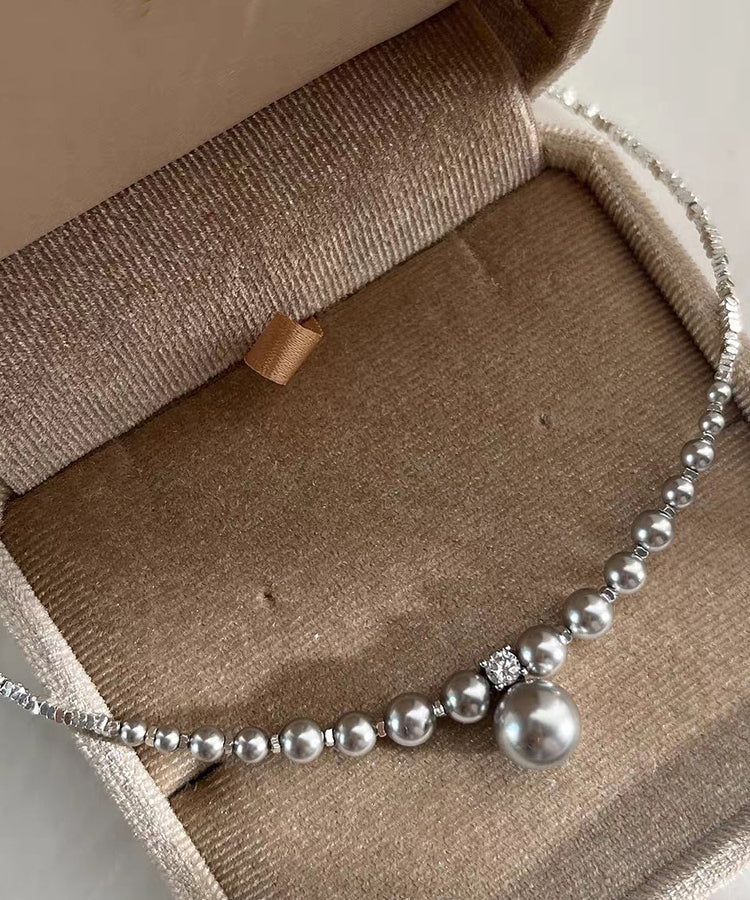 2026 New Grey Sterling Silver Zircon Pearl Beading Pendant Necklace
