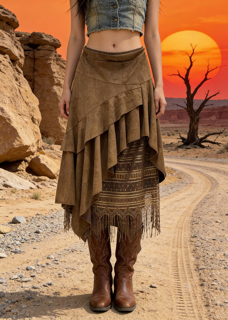 2026 New Khaki Asymmetrical Design Faux Suede Skirts Spring - Omychic