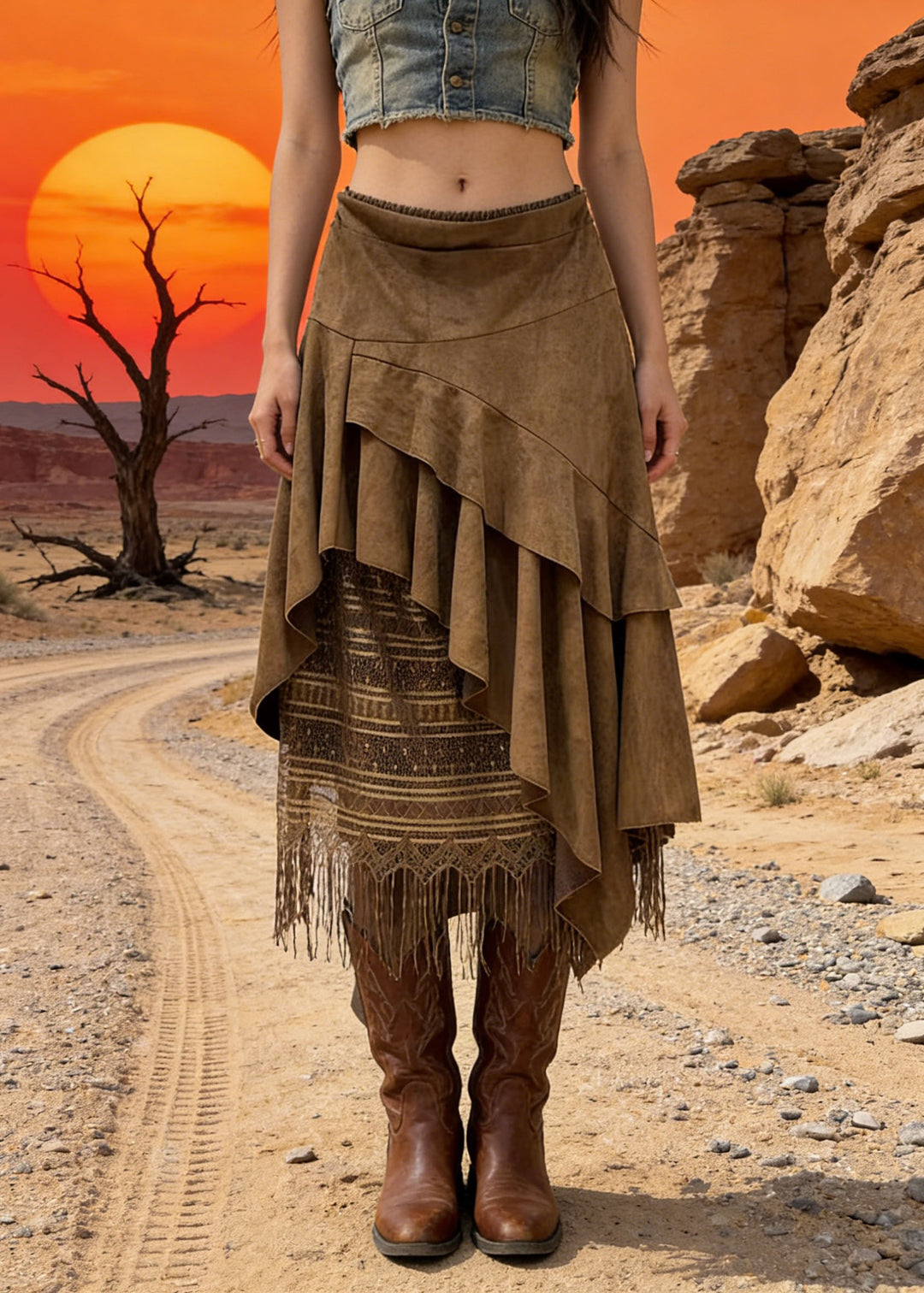 2026 New Khaki Asymmetrical Design Faux Suede Skirts Spring - Omychic
