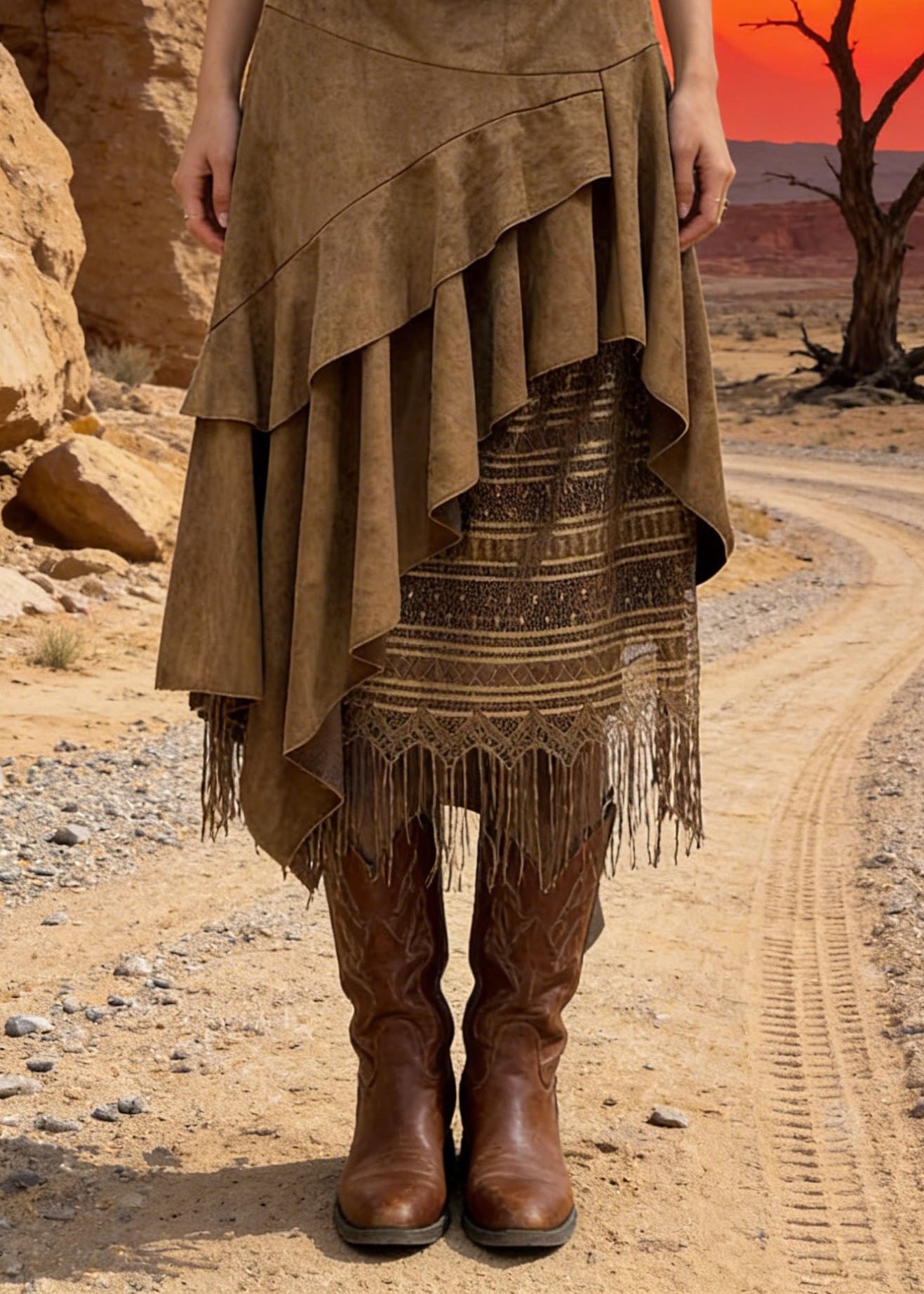 2026 New Khaki Asymmetrical Design Faux Suede Skirts Spring - Omychic