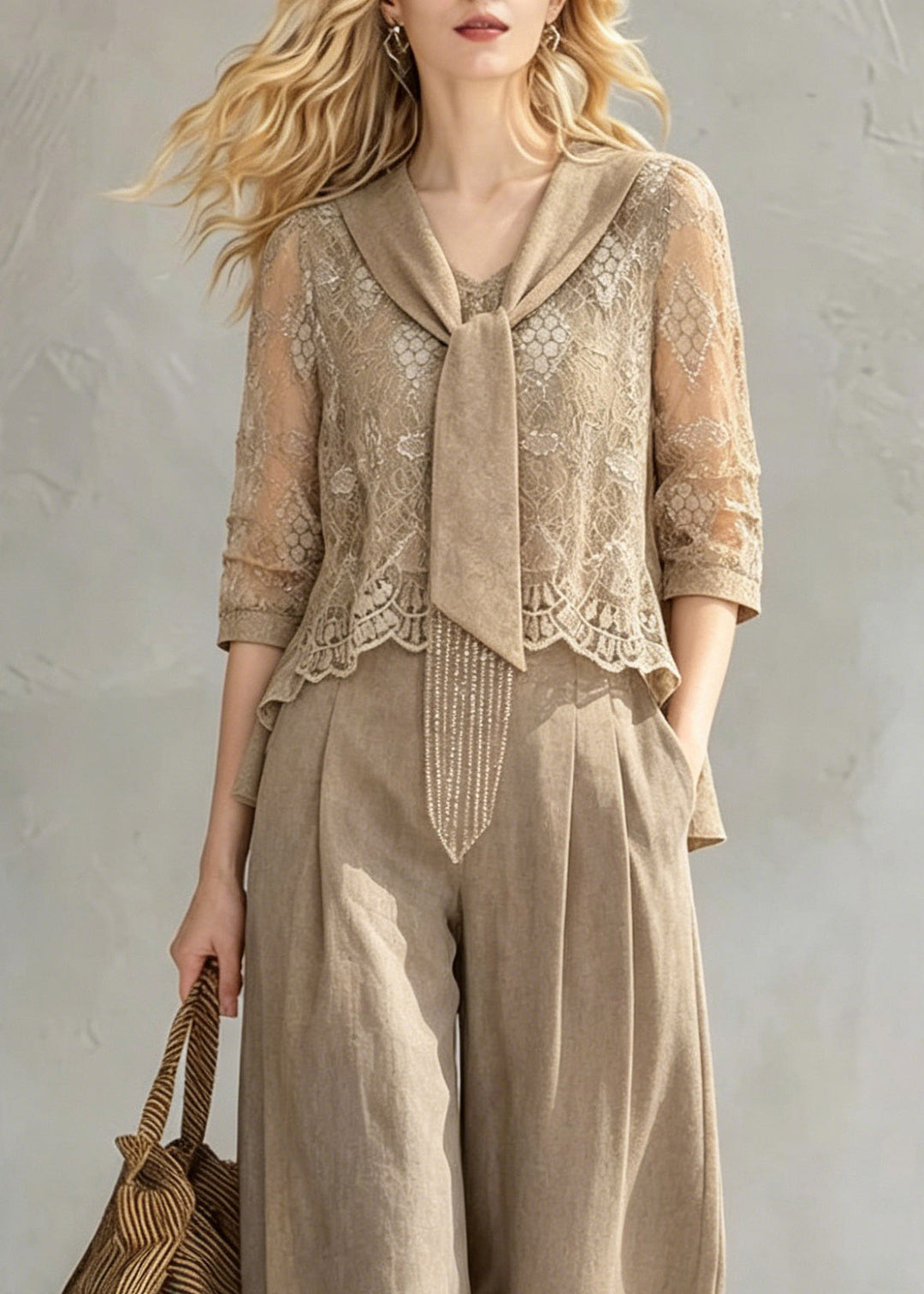2026 New Khaki Bow Lace Top And Wide Leg Pants Two Pieces Set Half Sleeve