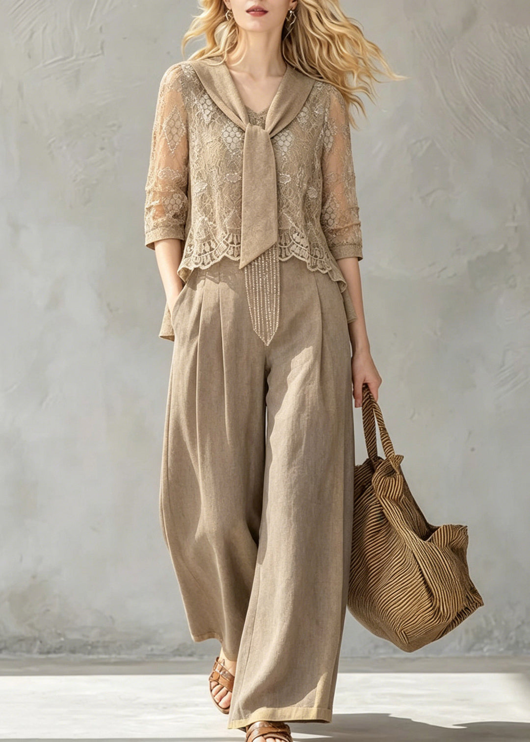 2026 New Khaki Bow Lace Top And Wide Leg Pants Two Pieces Set Half Sleeve