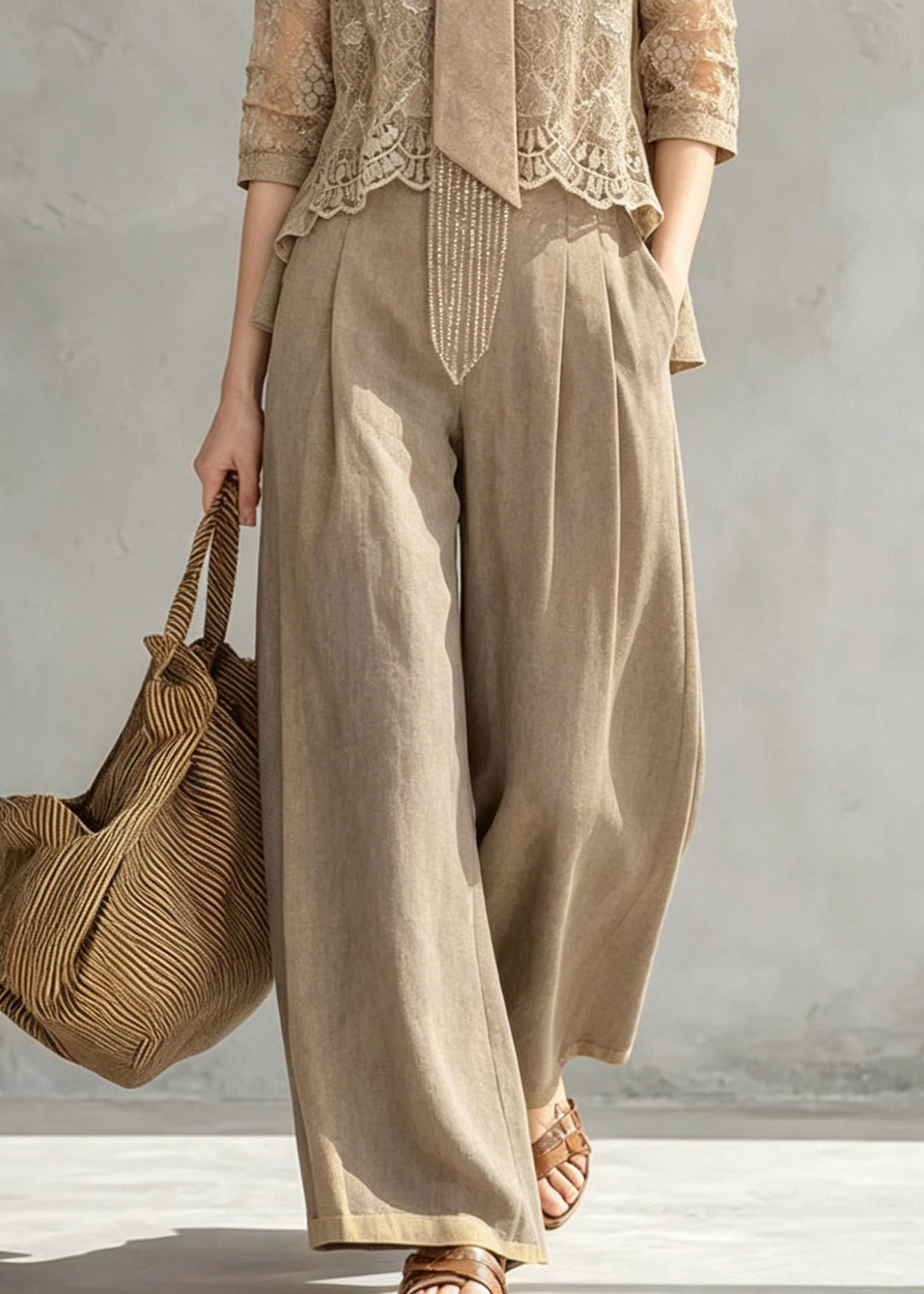 2026 New Khaki Bow Lace Top And Wide Leg Pants Two Pieces Set Half Sleeve