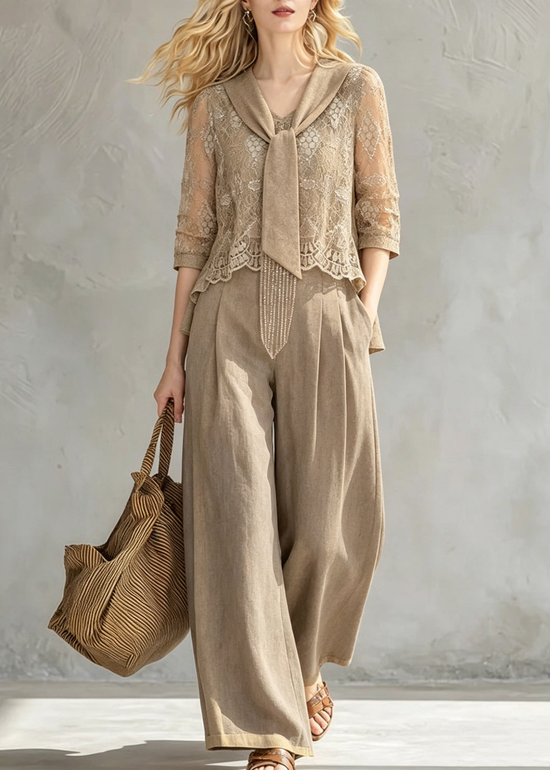 2026 New Khaki Bow Lace Top And Wide Leg Pants Two Pieces Set Half Sleeve
