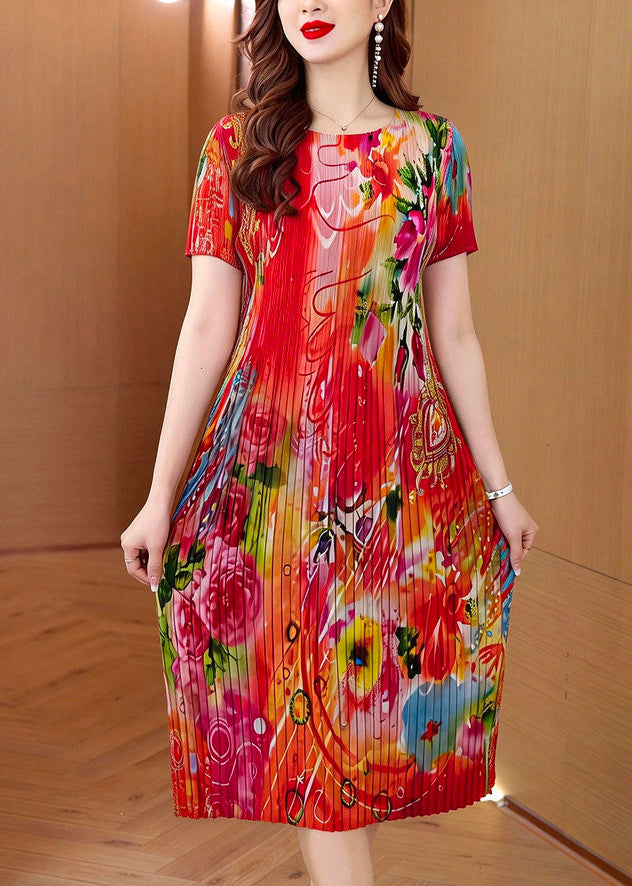 2026 New O Neck Print Wrinkled Elasticity Vacation Dresses Summer