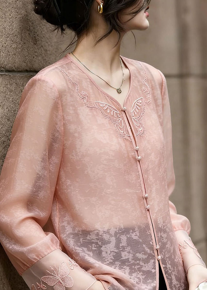 2026 New Pink V Neck Embroidered Silk Shirt Flare Sleeve
