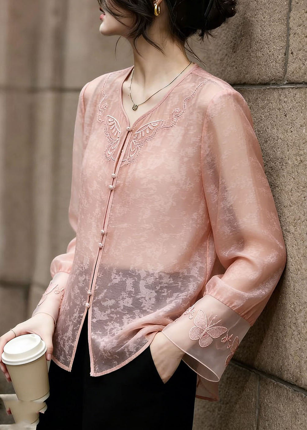 2026 New Pink V Neck Embroidered Silk Shirt Flare Sleeve