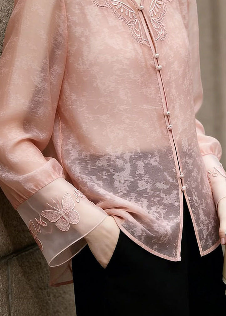 2026 New Pink V Neck Embroidered Silk Shirt Flare Sleeve
